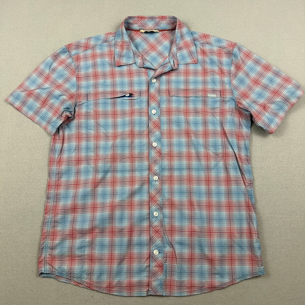 Simms Shirt Men Medium Blue Red Short Sleeve Button Up Lightweight FIshing M